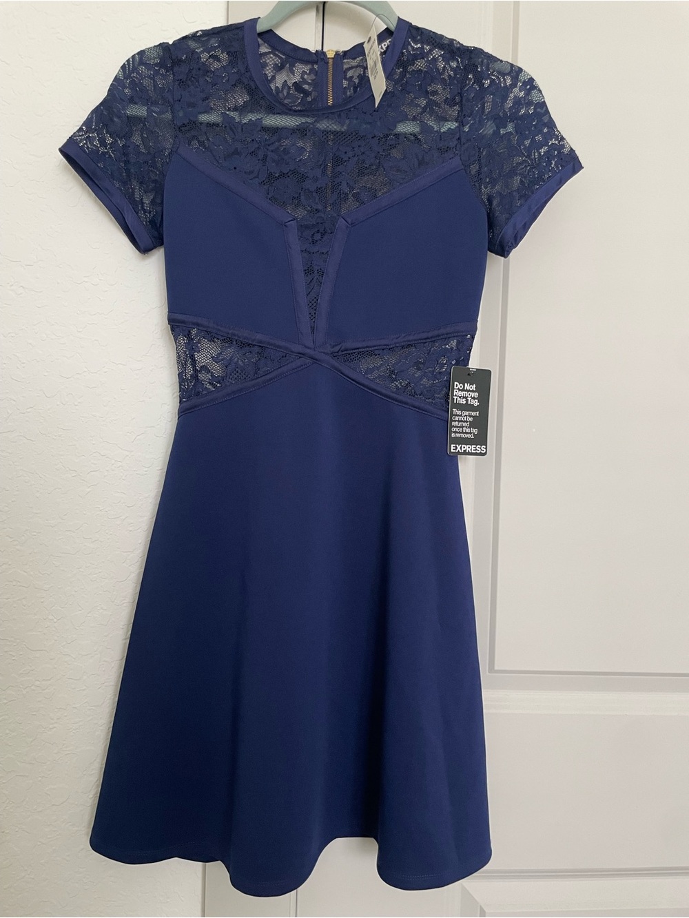Express Navy Lace Bodice Fit-and-Flare Dress